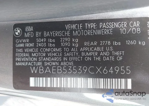 2009 BMW 650 I from USA, damaged, VIN WBAEB53539CX64955